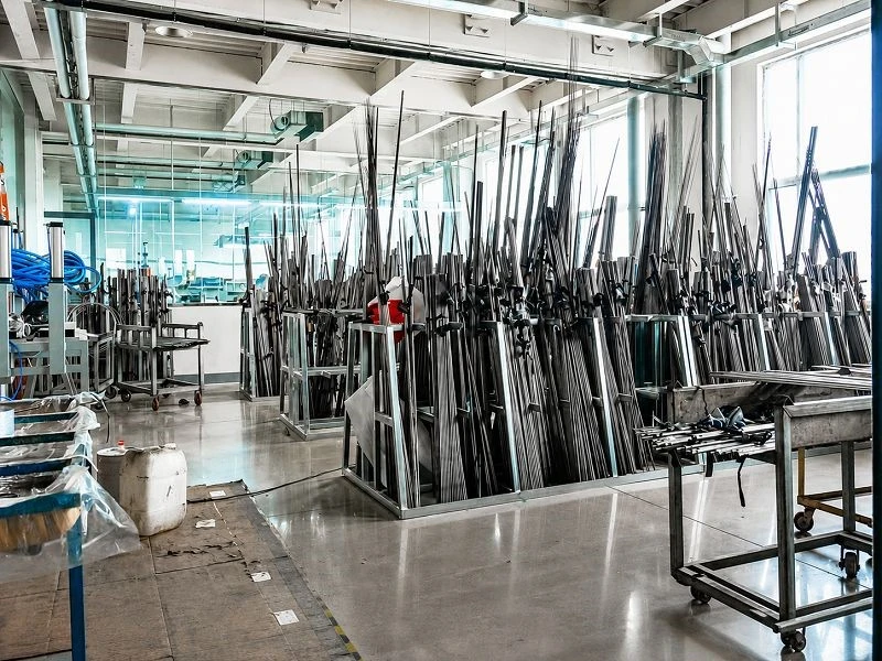 Finished fishing rods organized for inspection and packaging Finished fishing rods organized for inspection and packaging