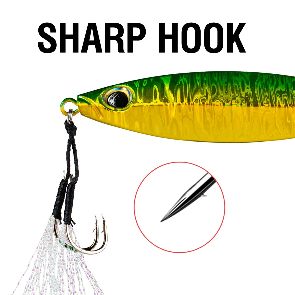Double assist hooks with flash fibers on slow metal jig